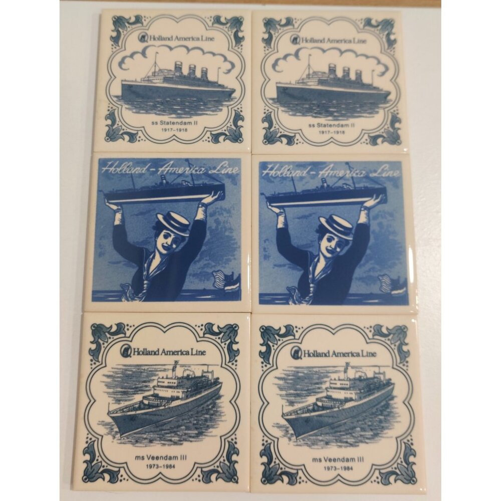 Vtg Holland America Line SS Statendam II MS Veendam III 4" Blue White Tiles Lot
